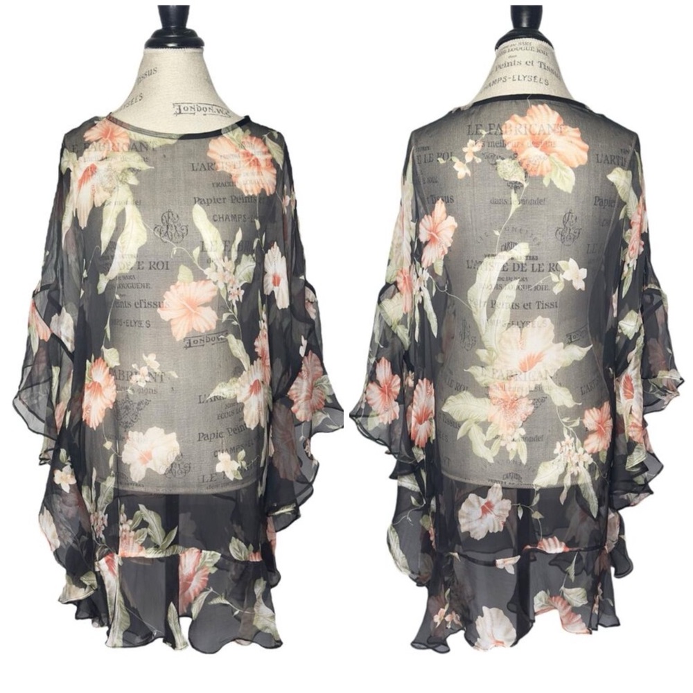 Unbranded | Women | 100% Silk Dark Hibiscus Floral Sheer Ruffle Coverup | Medium
